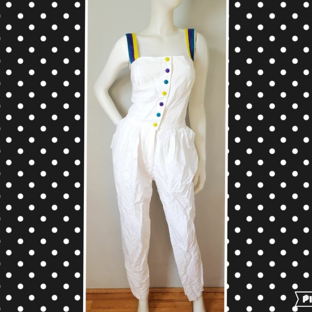 White Strappy Jumpsuit with Multicolor Button Accents